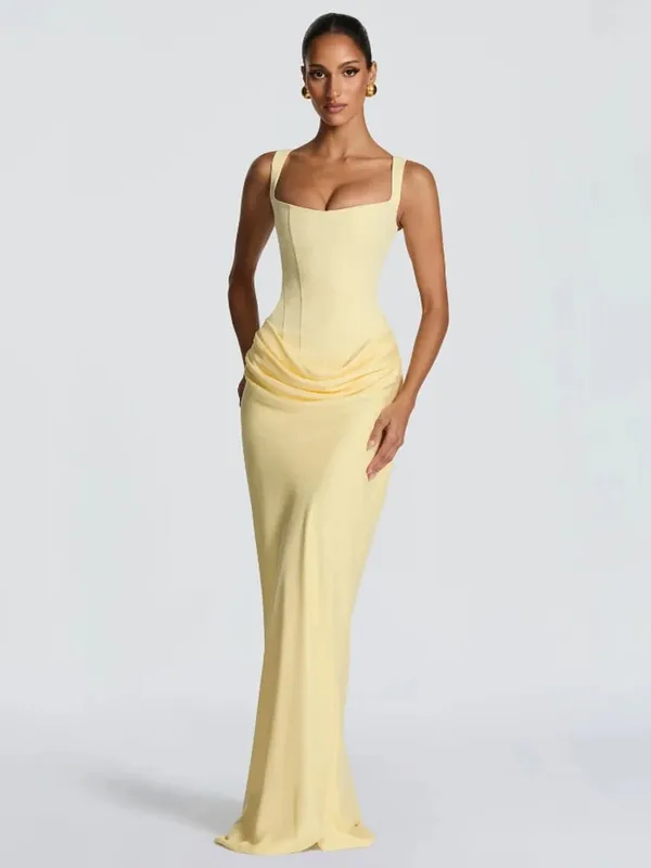 Elegante amarelo sem alças plissado vestido longo feminino chique sólido sem mangas cintura cinching split vestido 2026 senhora festa de noite robes — image 16
