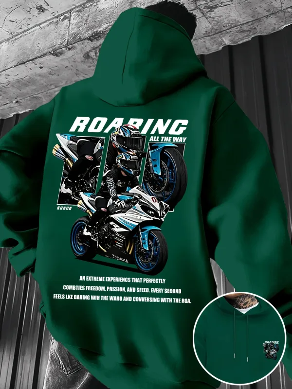 Winter and Autumn Men's Street Fashion Hooded Sweatshirt with "motorcycle" Print Pattern Fleece for Outdoor Warm Cozy Feeling — image 4