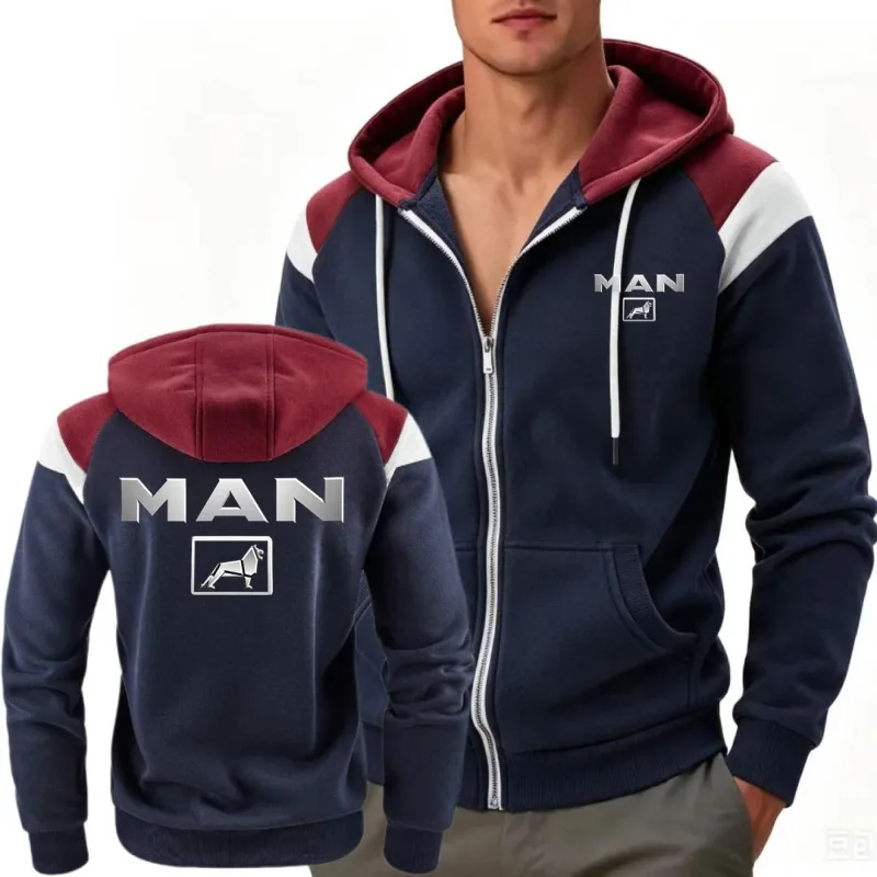 Men's Windproof Fleece Hooded Jacket Block Contrast Sportswear Comfortable Fashionable Truck Man Hoodies Sweatshirts — image 2