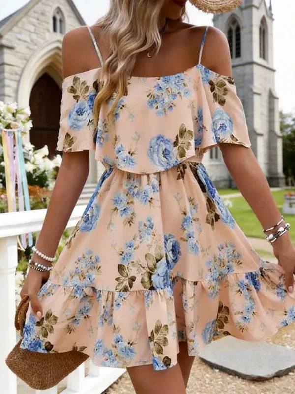 Women's European-Style Floral Print Dress Sleeveless Halter Top with Ruffled Edges Short Skirt for Summer — image 7