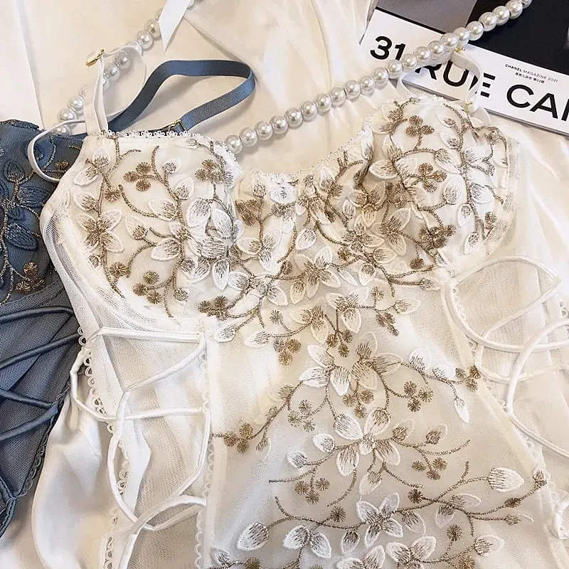 Three-dimensional embroidery flower petals lingerie soft steel ring one-piece bra set sexy strap open file shaping underwear — image 7