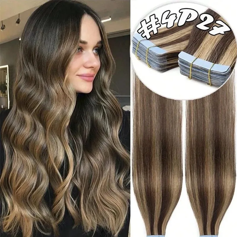 Jessie's Wig #4P27 Piano Highlight 16-26 Inches 50g 20pcs/pack Tape In Human Hair Extensions Real Human Hair Silky Straight