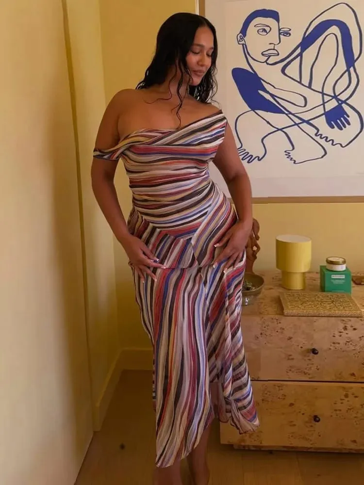 2026 Summer Colorful Stripe Long Dresses for Women Chic Sleeveless Female Midi Dress Fashion New Lady Vacation Beach Vestidos