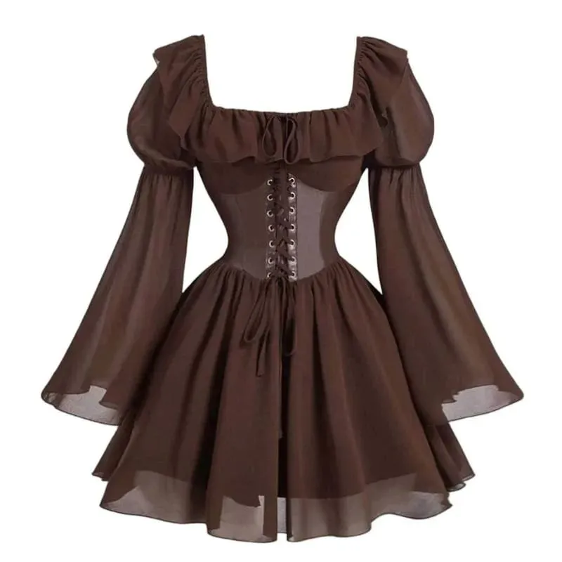 Renaissance Period Medieval New Long Sleeved Women's Bubble Sleeve Dress Halloween Fashion Retro New Party Waist Cinched Skirt — image 5