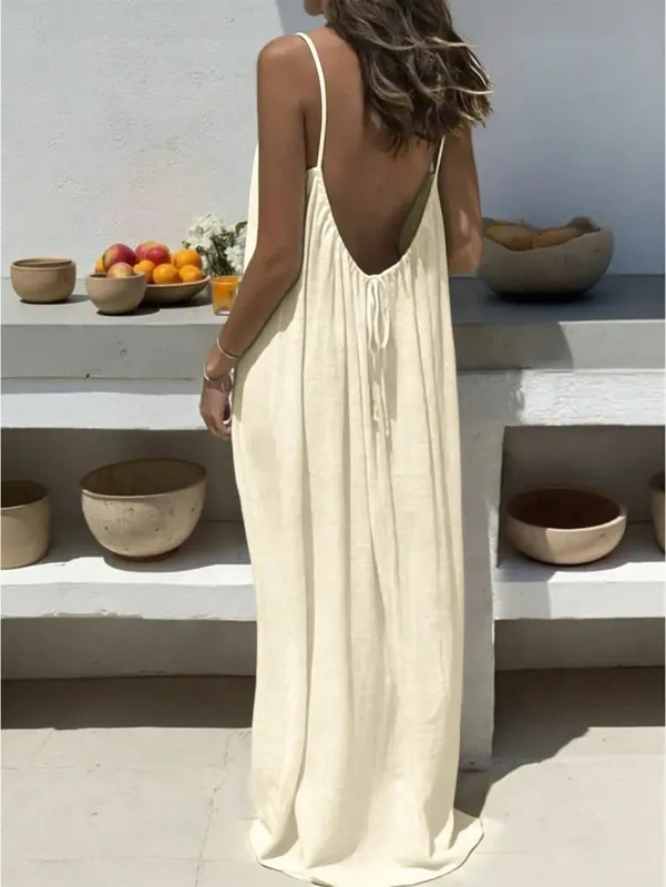 Malaking Sukat na Purong Kulay ng Pambabaeng Backless Lace-Up Mahabang Loose Casual Comfortable Camisole Dress — image 5