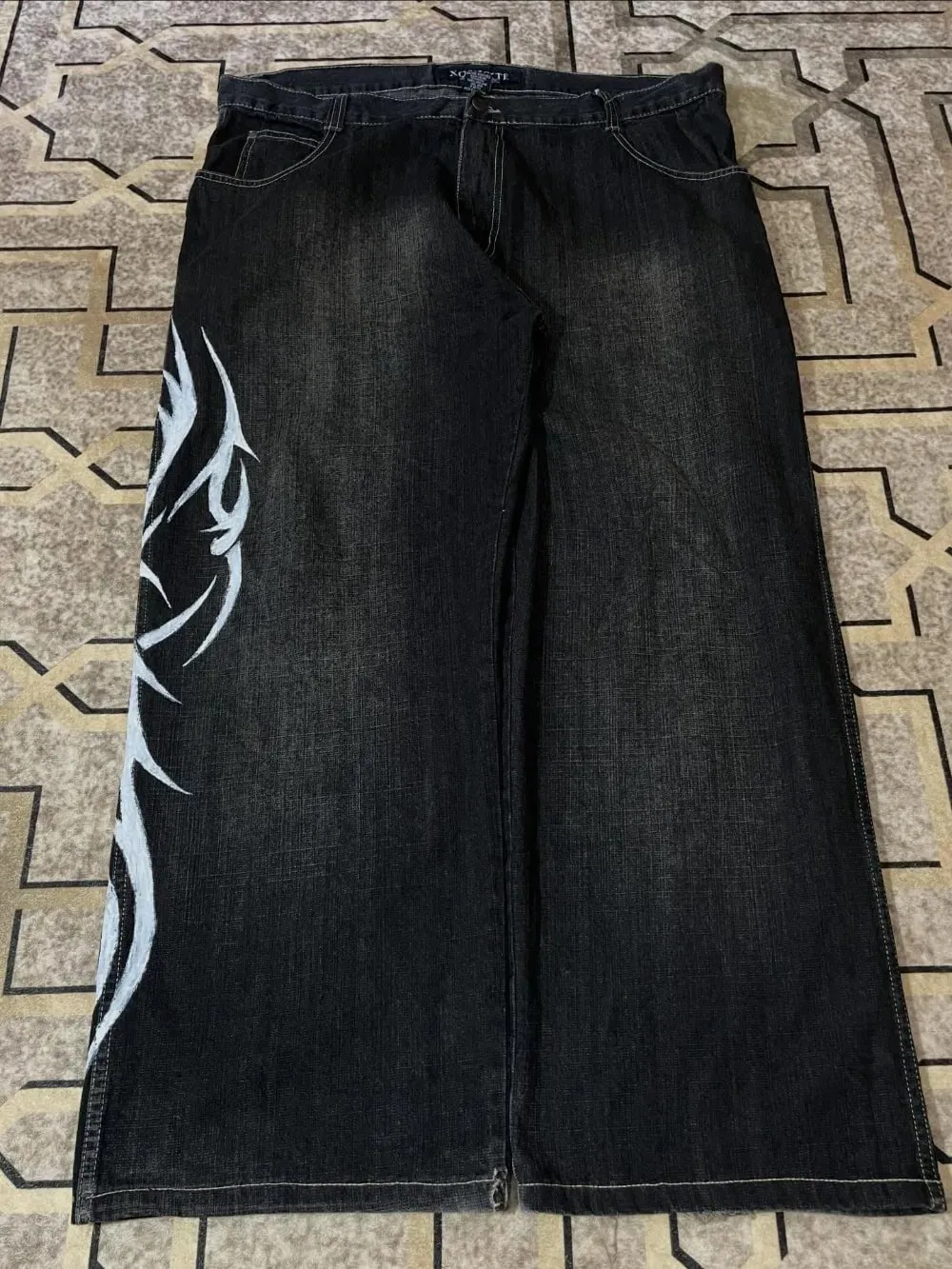 Y2k Dark Wash Baggy Jeans Men Shark Mouth Pocket Print White Tribal Flame Side Graphic Harajuku Wide Leg Hip Hop Denim Trousers — image 8