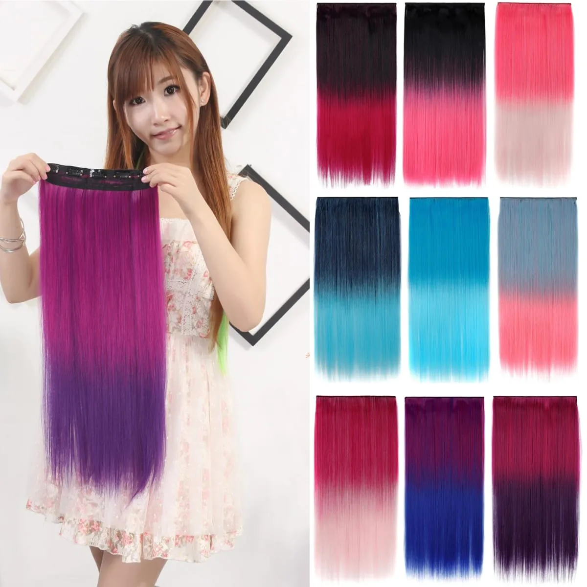 Jeedou Rainbow Hairpieces Clip In Hair Extension One Piece With 5Clips Ombre Color Straight Hair Wig For Girls Halloween Cosplay