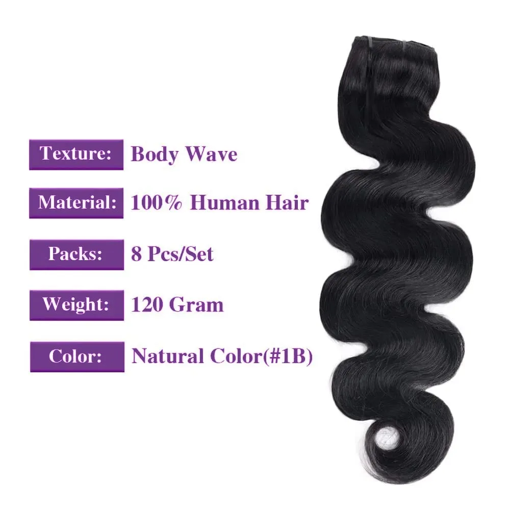 Clip In Hair Extensions Body Wave 8Pcs Clip In Human Hair Extensions Natural Black Remy Skin Weft Hair Extensions For Salon — image 3