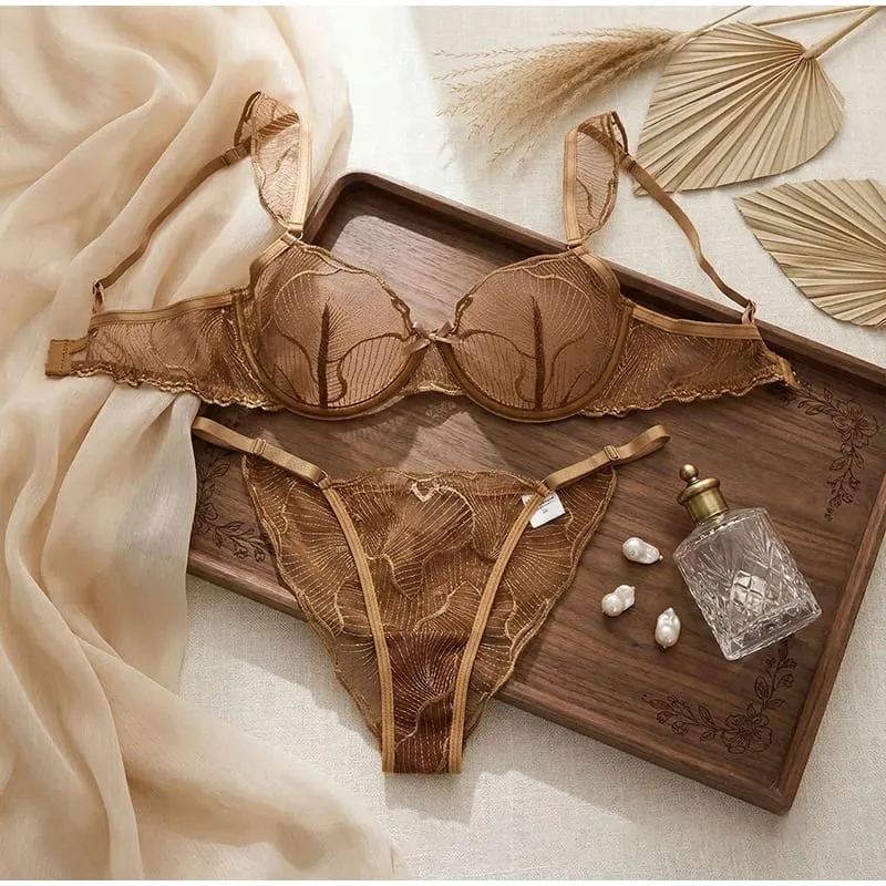 French Lace Bra and Panty Set Embroidered Mesh Sheer Lingerie with Spaghetti Straps Ripple Pattern for Spring Summer Women Wear