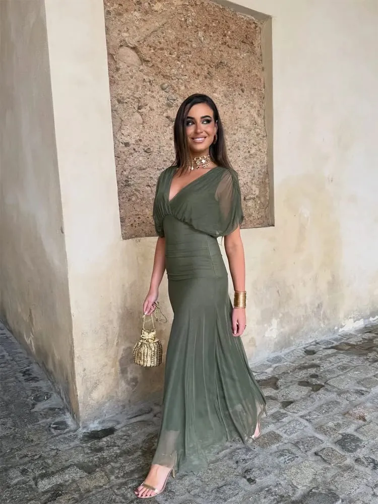 Women Solid Deep V-neck Mesh Long Dress Elegant Puff Short Sleeve Ruched Waist High Vestidos 2026 Summer Lady Casual Street Robe — image 4