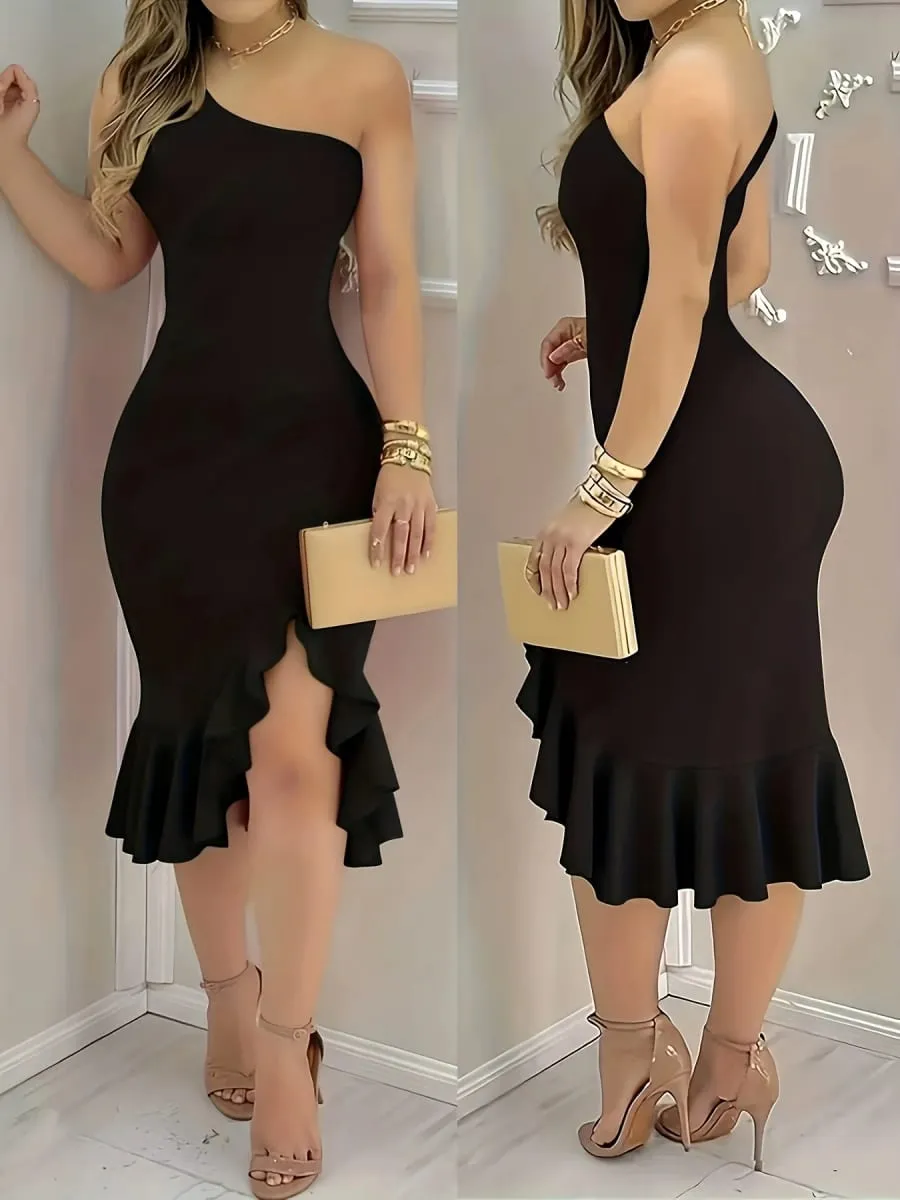Ladies Asymmetrical Hemline Sleeveless Backless Gown with Ruffle Detail Spring Summer Shoulder Bared Asymmetric Skirt Dress — image 3