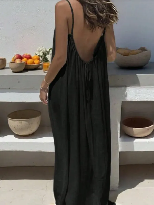 Malaking Sukat na Purong Kulay ng Pambabaeng Backless Lace-Up Mahabang Loose Casual Comfortable Camisole Dress