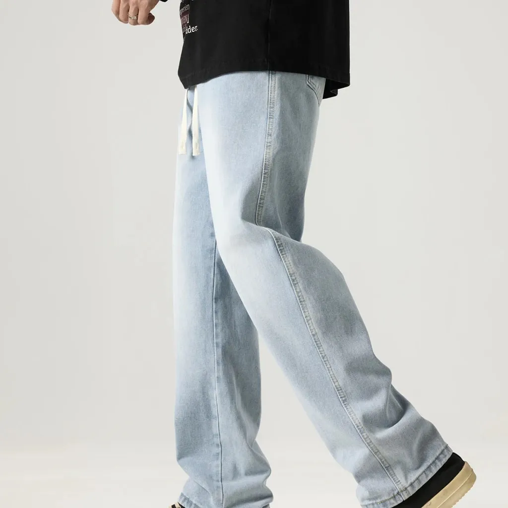 Men's Light Blue Elastic Waist Drawstring Loose Jeans Spring Summer Autumn Winter Versatile Comfortable Fit Casual Denim Pants