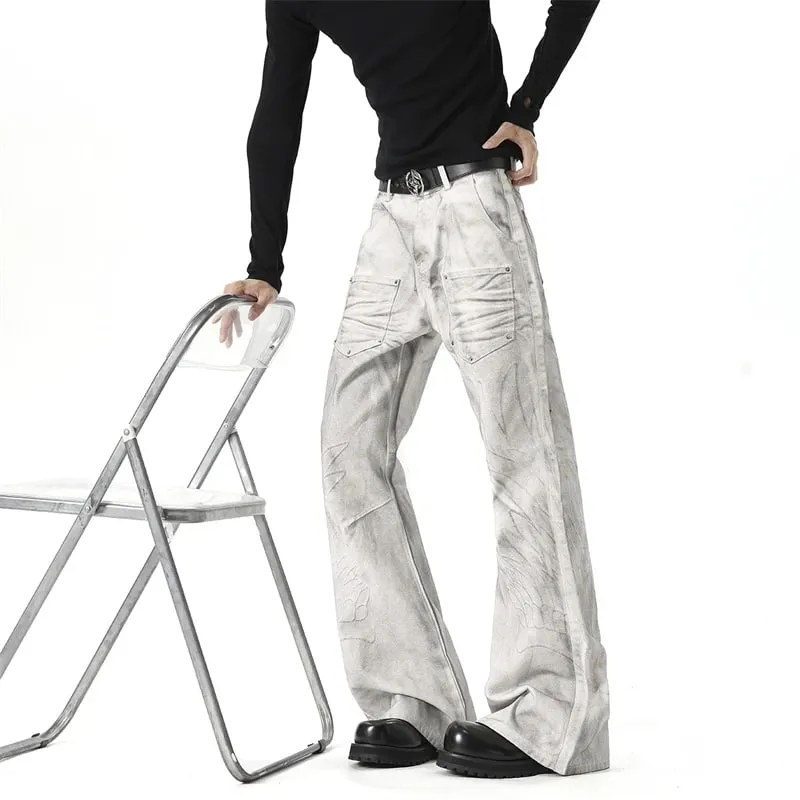 Men White‑Grey Washed Flare Jeans Embossed Pattern Rivet Decor Loose Floor‑Length Y2K Streetwear Denim Trousers 9X4397 — image 4