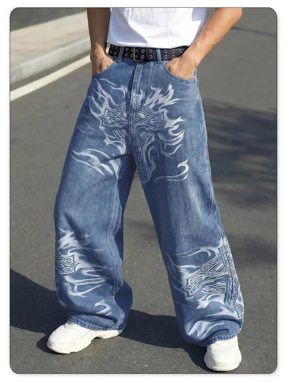 Men's Y2K Gothic Graffiti Print Baggy Ultra Wide Leg Jeans Hip Hop Streetwear Loose Casual Skater Denim Pants Unisex — image 4
