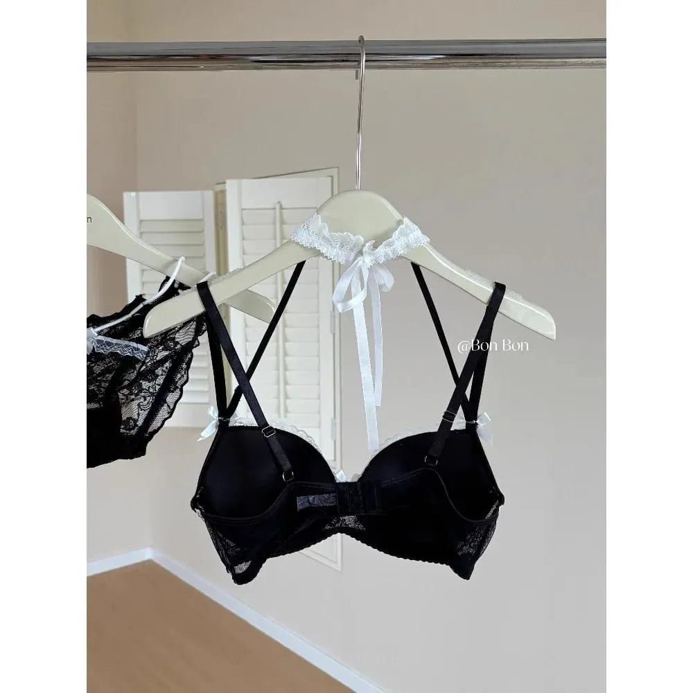French Romantic Halter Neck Lace Bra Set Women Push‑Up Support Soft Stretchy Lingerie Underwear Small Bustセクシーな S-XL