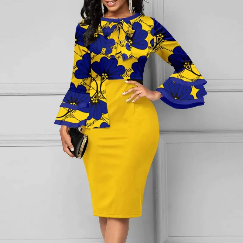 Women Long Sleeves Ethnic Floral Print Round Neck Autumn Knee Length Bodycon Dress Fashion Casual Commuter Party Pencil Dress