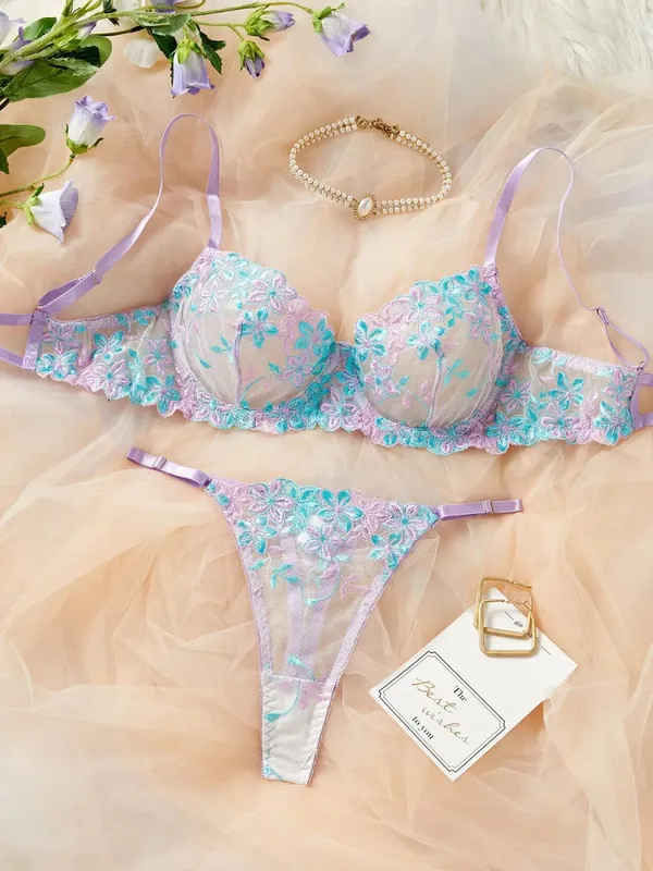 Purple Sexy Lingerie for Women Sets Lace Embroidery 2 Piece Underwear Set Sheer Mesh Bra and Panty Set with Underwire