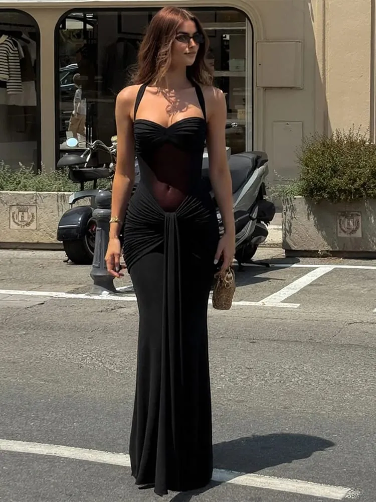 Nibber halter malha retalhos vestido feminino verão tendência fora do ombro sem costas ruched fita meia-noite baile de formatura festa hipster vestidos — image 5