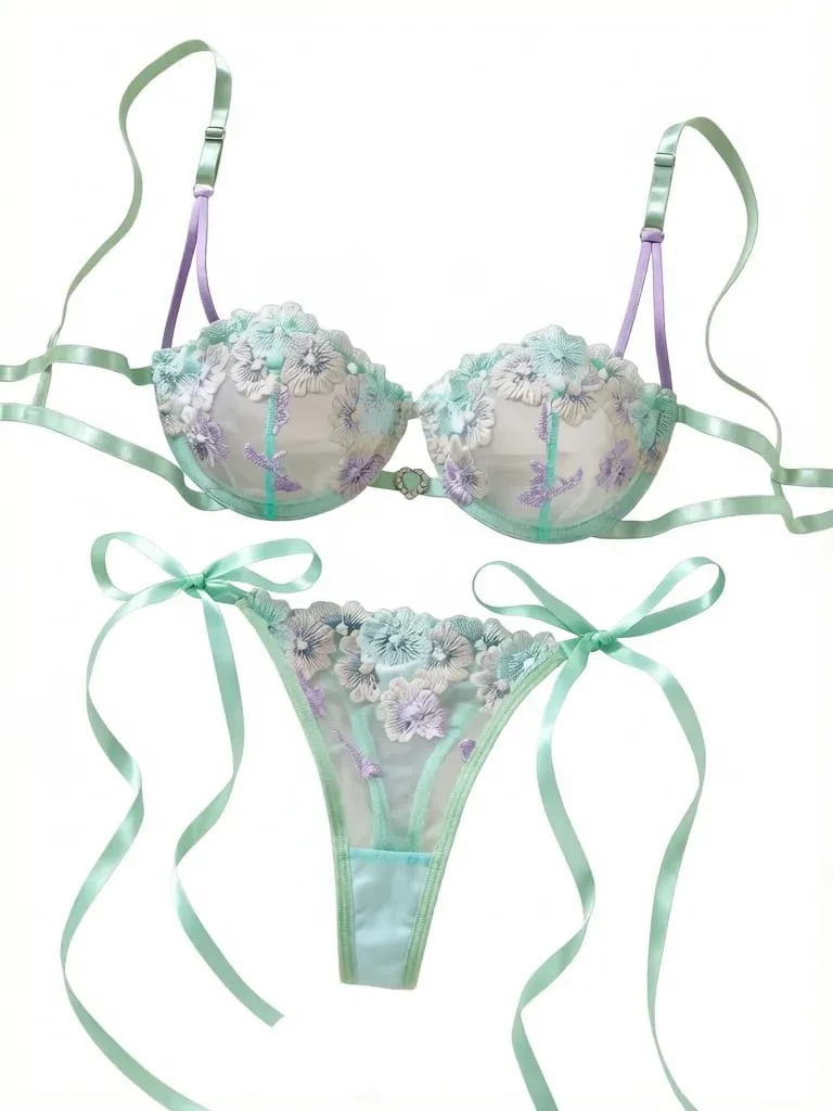 Feminino doce flor bordado conjunto de sutiã de renda com underwire malha transparente lado arco calcinha lingerie romântica S-XL tamanhos — image 1