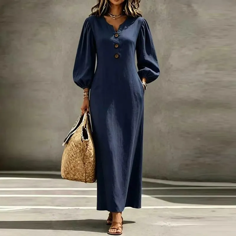 Vintage Casual Long Dress Women V Neck Wrist Puff Sleeve Loose Beach Holiday Dresses Women Casual Button Up Maxi Dresses Robe — image 3