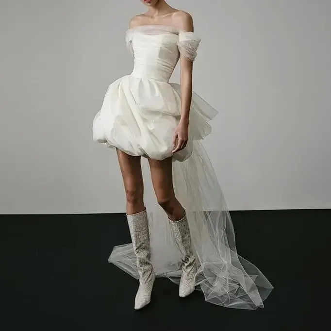 Nya eleganta lätta bröllopsklänningar för kvinnor Vit sexig brudminiklänning med nätsläpande brudklänning Lyxfest Vestidos — image 6