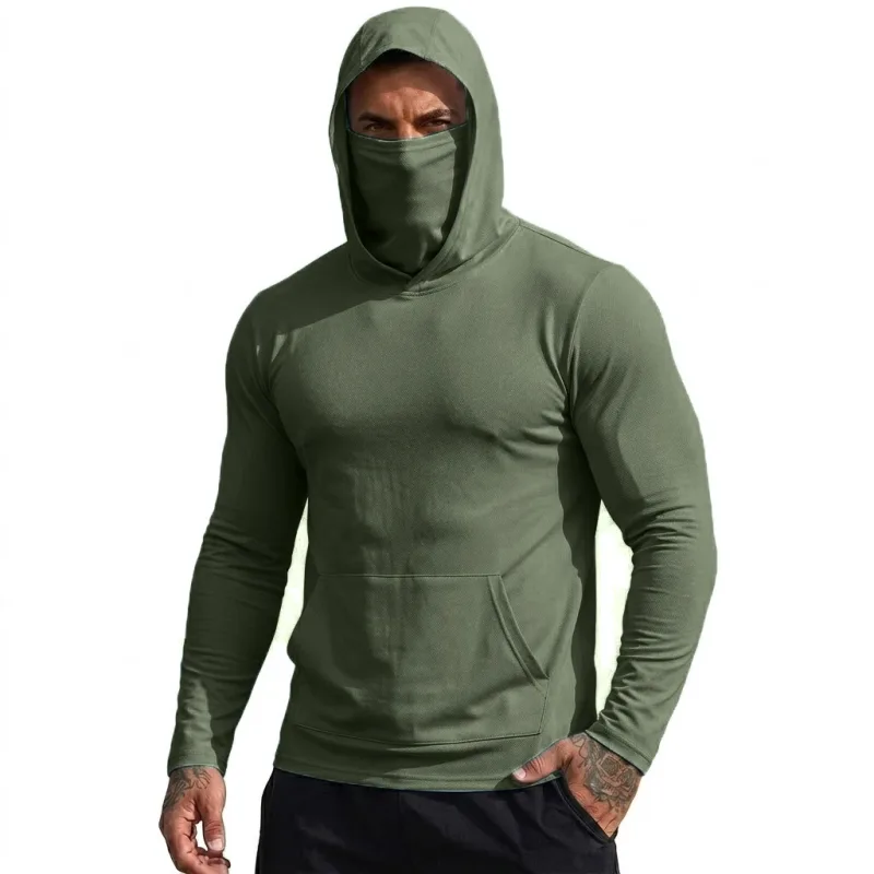 Camiseta masculina com capuz, proteção solar, secagem rápida, manga comprida, leve, top de desempenho para caminhadas ao ar livre, uso solar