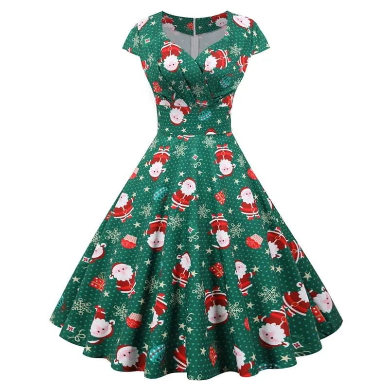 Moda decote em V manga curta estampado vestido de Natal grande balanço vintage elegante vestido de festa de Natal