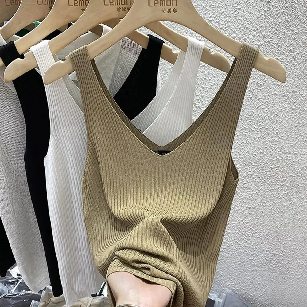 New Summer Sexy V-Neck Sleeveless Knit Women Camis Slim Pure Desire Style Basic Crop Top Korean Style Solid Versatile Tank Top — image 11