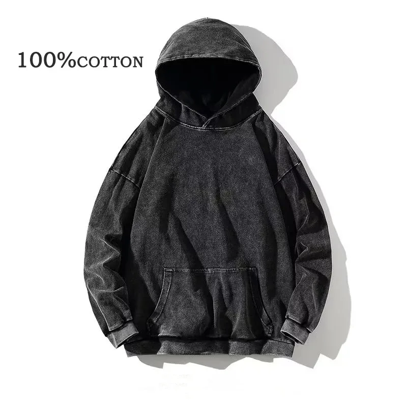 100% pamut Férfi ruházat Vintage Black Acid Mosó kapucnis Férfi Női Túlméretes Hip Hop Pulóverek Alkalmi pulóverek Y2K ruhák — image 7