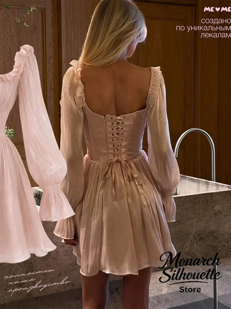 Elegante gola quadrada plissado guarnição vestido feminino chique sólido mangas completas cintura cinching vestidos curtos senhora sexy rua robes novo — image 5