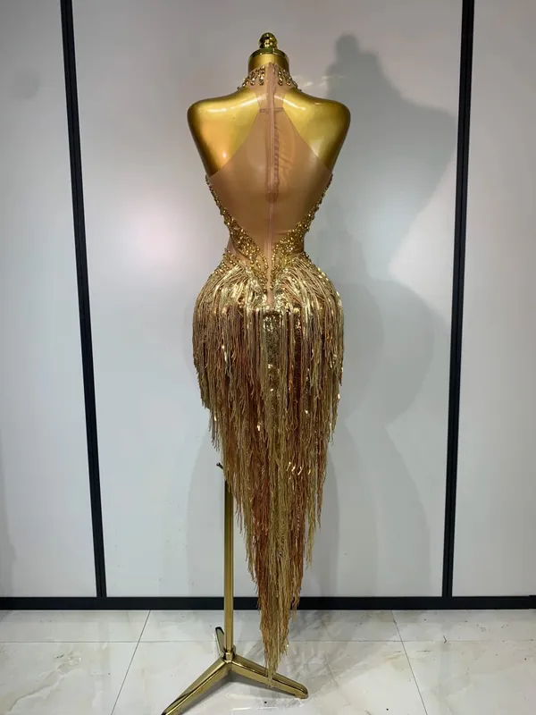 Sexy traje de palco brilhante strass malha transparente lantejoulas borla noite festa de aniversário boate dança cantor outfit — image 4