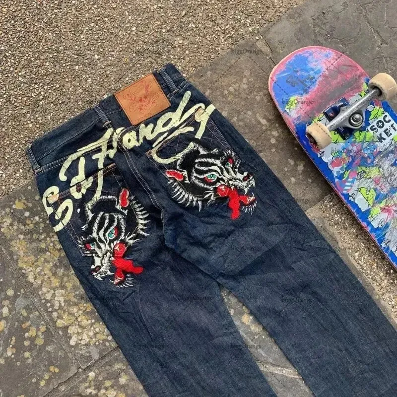 Mens Jeans Streetwear Y2K Vintage Straight Leg Denim Pants Skull Rose Flame Print Design Loose Fit Retro Punk Hip Hop Fashion — image 11