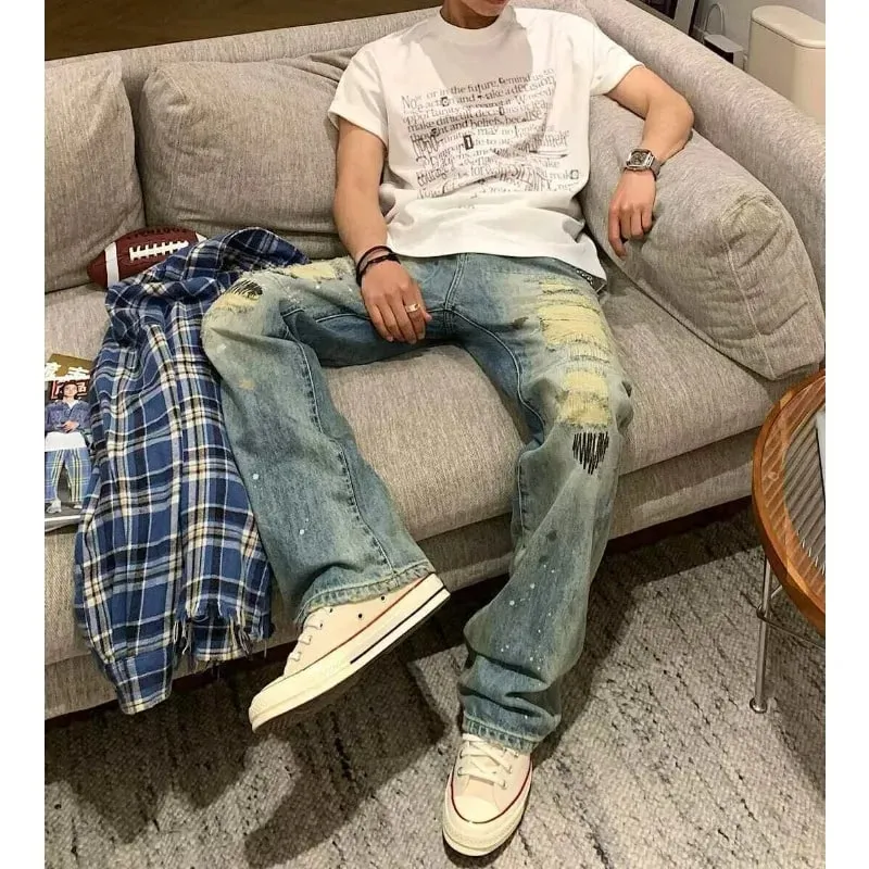 Men's Jeans High Street Vintage Distressed Ripped Faded Man Pants Blue Straight Denim Trousers Embroidery Design Bootcut