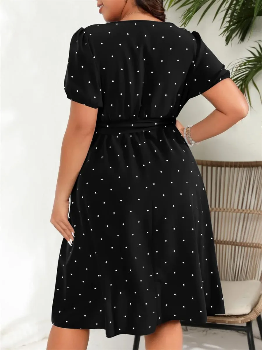 Vestido feminino plus size, gola quadrada, bolinhas, cinto, elegante, retrô, manga bufante, cintura alta, verão, linha a, vestidos grandes — image 3
