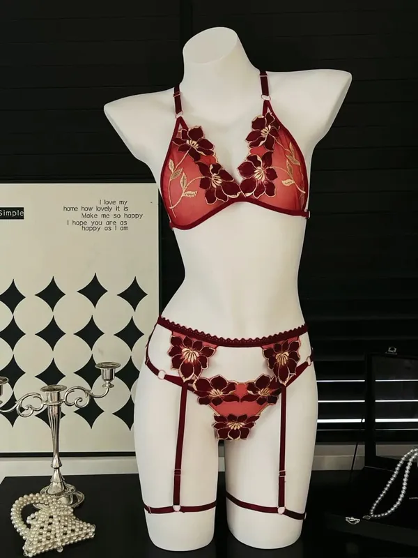 3Pcs/Set Flower Sexy Bra Set Women Bralette Girls Lace Underwear Thong Erotic Transparent Bras Lingerie Panty Sets — image 4