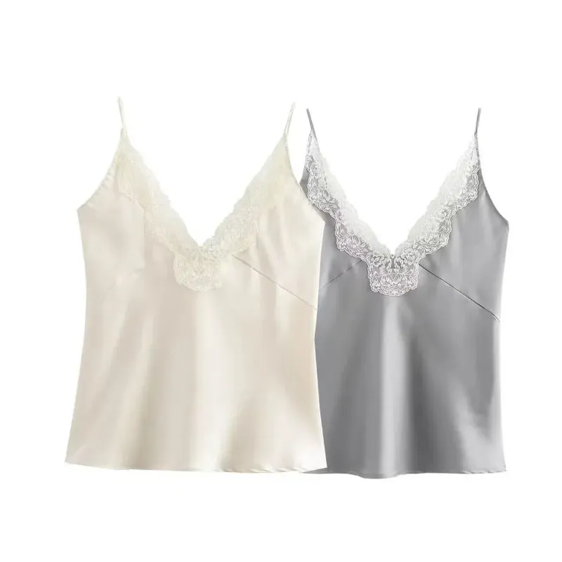 Women Lace Patchwork Tanks Tops Satin V-neck Solid Sleeveless Camisole Summer Women Spaghetti Strap Mini Tops Fashion Slim Camis — image 1