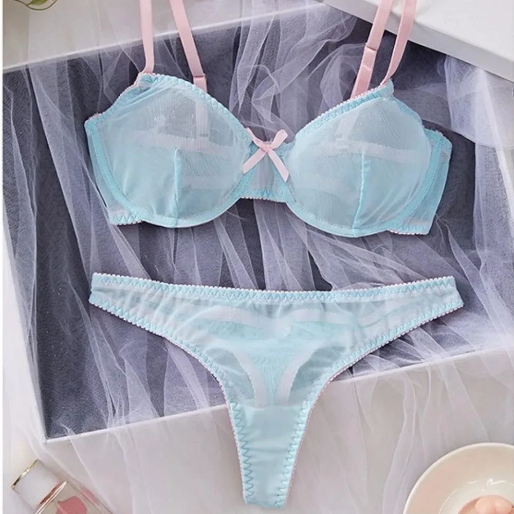 Blue Mesh Patchwork Splicing Thin Strap Strappy Semi Sheer Lightweight Lace Sexy Underwear Apparel Women Bra Briefs Lingerie Set — image 2