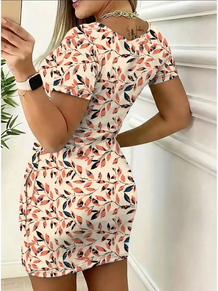 Women's Casual Elegant Comfortable round Neck Short Sleeve Skirt Leaf Geometric Pattern Print Mini Dress — image 2