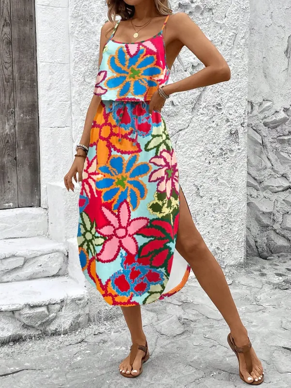 Pambabaeng Summer Spaghetti Strap Dress na may Belt at Side Slit - Casual Sleeveless Flowy Dress — image 17