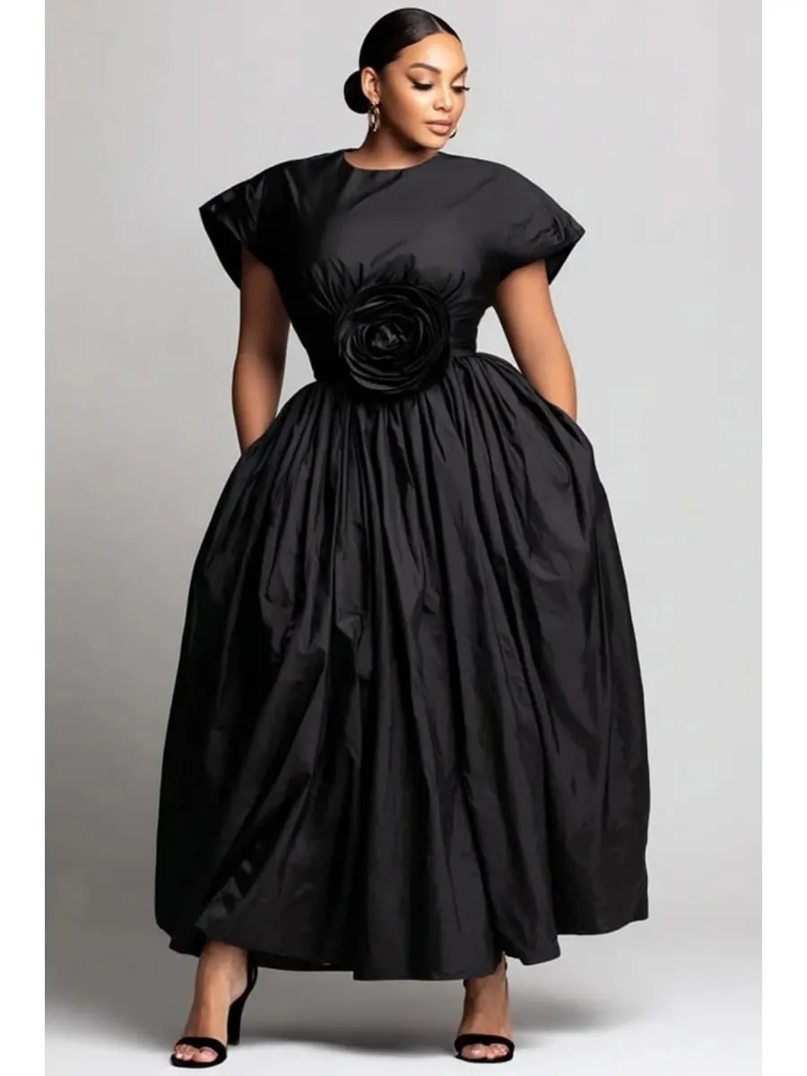 Women Plus Size Midi Dress Rose Applique Ball Gown Round Neck Short Sleeve High Waist Elegant Formal Party Dress with Pockets