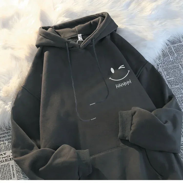 Rosto sorridente masculino engraçado moda casal suéter com capuz americano pesado solto engrossado cashmere meninos moletom com capuz topo — image 8