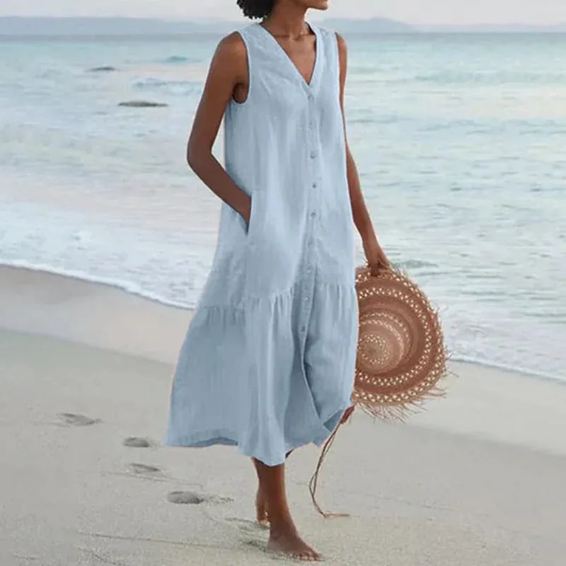 Verão solto casual retalhos algodão linho pocktes vestido com decote em v estilo praia vestido sem mangas vintage clube midi sólido vestido feminino — image 8