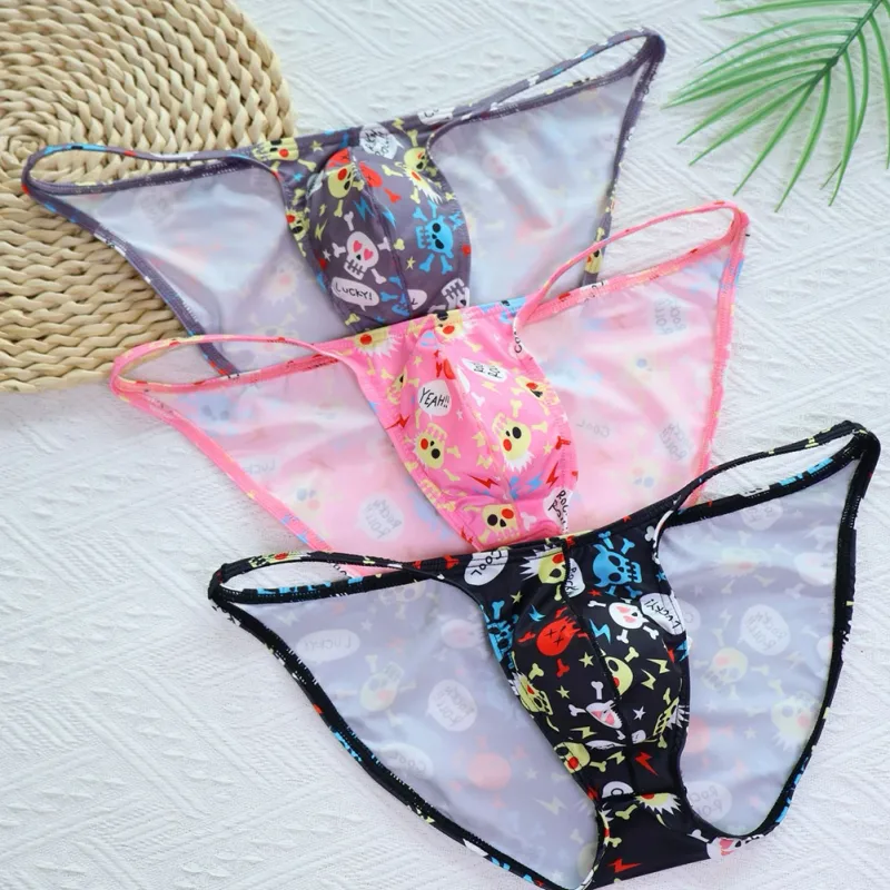 Cuecas masculinas de cintura baixa com bolsa grande e estampa de caveira, tecido elástico confortável para uso diário