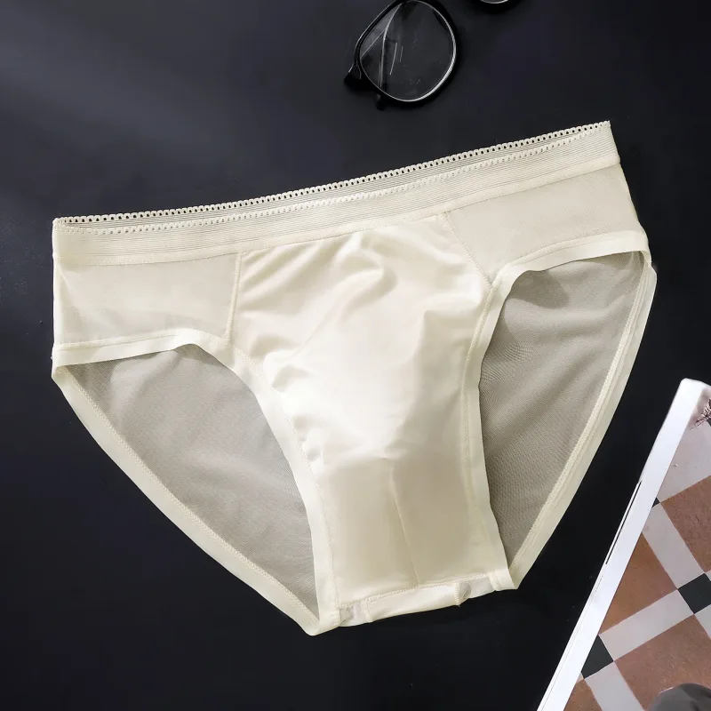 Male Glossy Silk Satin Briefs High Rise Lace Trim Ice Silk Underwear Soft Breathable U Pouch Men Panties — image 22