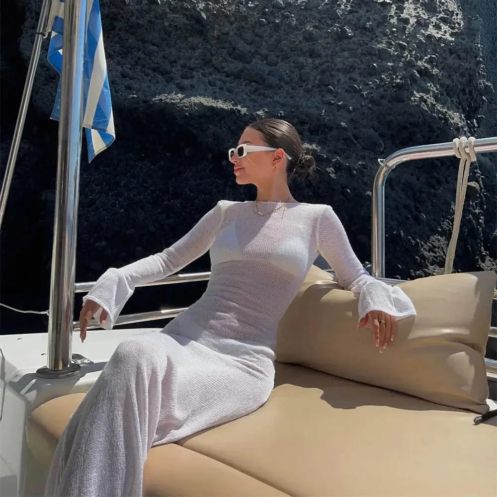 Women Summer Mesh Wrapped Dress Long Sleeve Round Neck See Through Sunscreen Solid Color Backless Beach Long Dress — image 4
