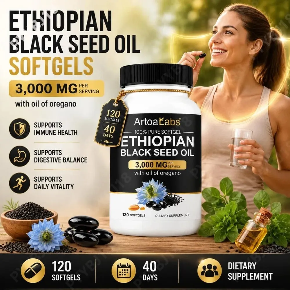 Óleo de semente preta etíope 3000 mg cápsulas moles com óleo de orégano apoiam a saúde imunológica, equilíbrio digestivo e vitalidade diária 120 contagens — image 1