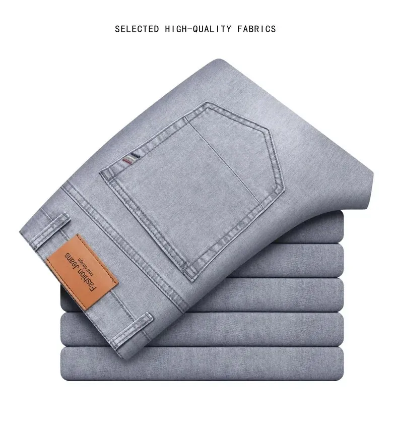 Marca de verão masculina ajuste reto leve algodão estiramento jeans negócios casual cintura alta fina luz cinza calças dos homens — image 9
