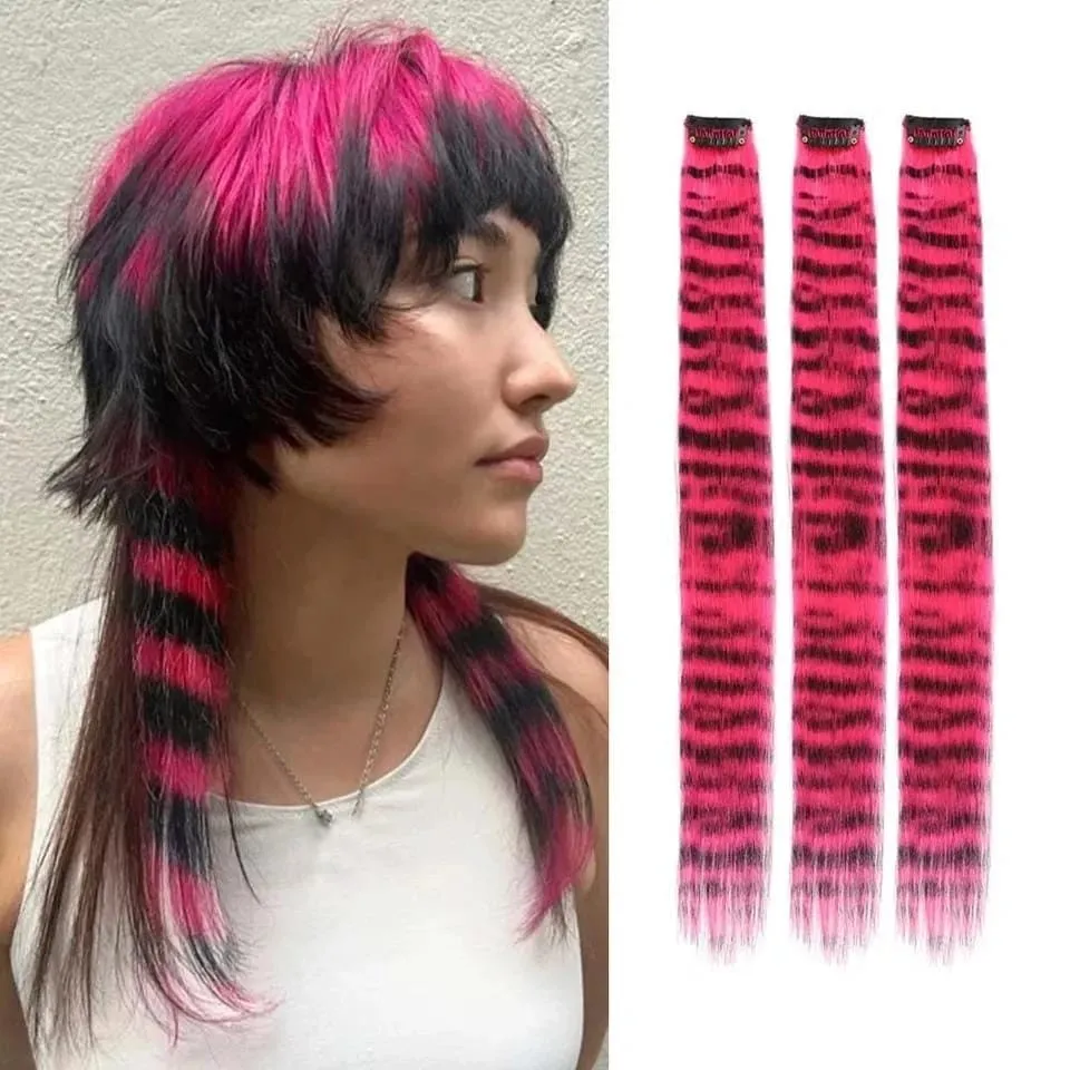 1pc/set Stripe Printed Hair Colorful Long Straight Hair Pieces Synthetic Clip-in Hair Extensions for Daily Use Party Halloween — image 2