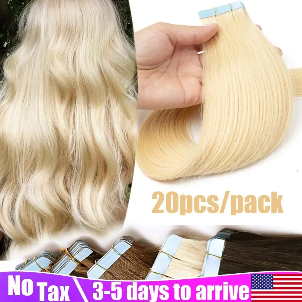 Fita reta loira em extensões de cabelo humano 20 unidades / pacote em linha reta natural preto loiro marrom fita ins extensões de cabelo 12-20 polegadas fita de trama de pele dupla face sem costura em extensões de cabelo para mulheres — image 1